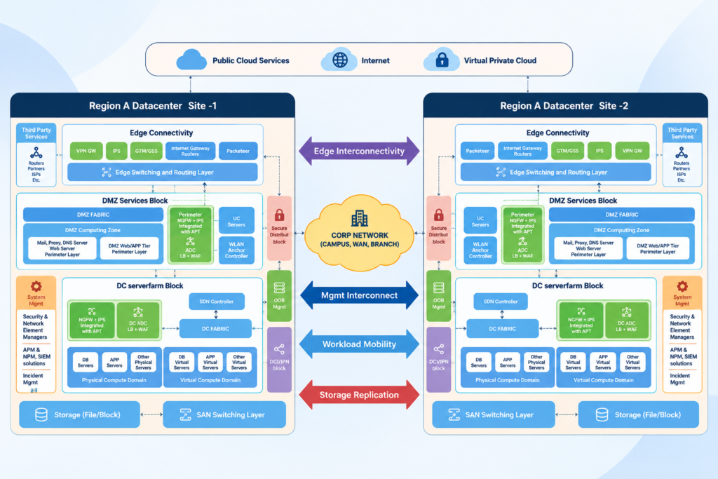 Current image: Enterprise data center architecture diagram showing two Region A data center sites connected through edge interconnectivity, management interconnect, workload mobility, and storage replication, with public cloud, internet, virtual private cloud, DMZ, security, compute, networking, and storage components.