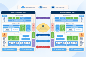 Enterprise data center architecture diagram showing two Region A data center sites connected through edge interconnectivity, management interconnect, workload mobility, and storage replication, with public cloud, internet, virtual private cloud, DMZ, security, compute, networking, and storage components.