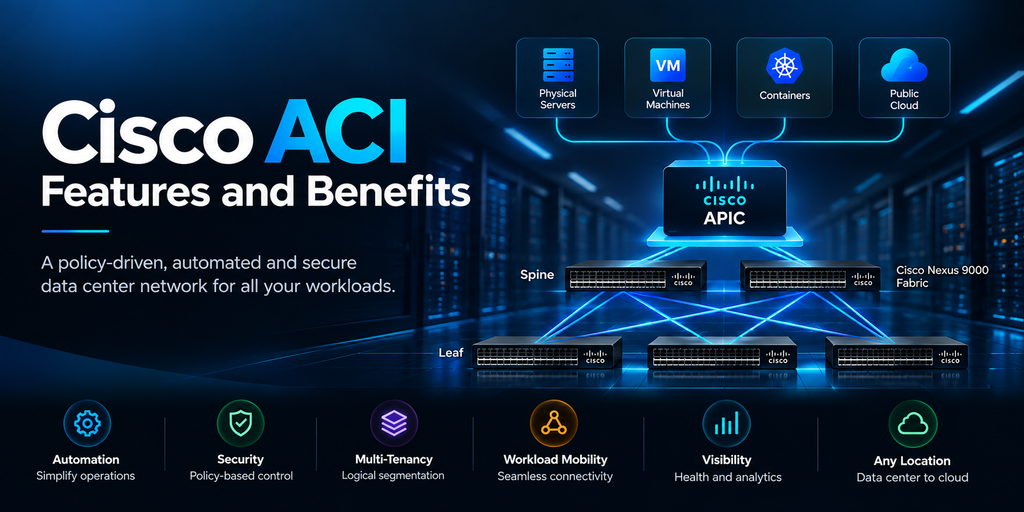 Cisco ACI architecture illustrating centralized APIC management, data center fabric automation, microsegmentation, and multi-tenancy.