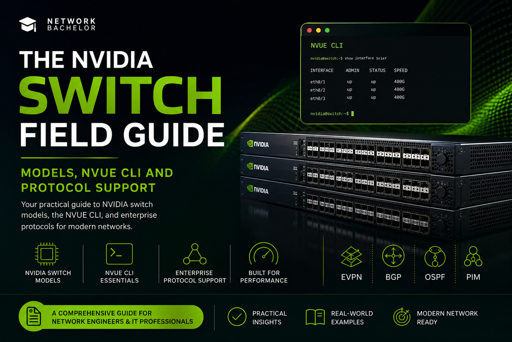 The image is designed as a **professional blog cover/featured image** that visually summarizes the article’s focus on **NVIDIA switches, models, NVUE CLI, and supported networking protocols**, making the blog more attractive and engaging when shared on WordPress and social media.