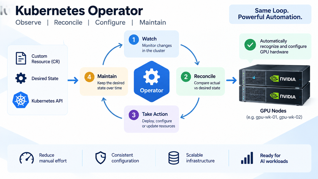 How the Kubernetes NVIDIA GPU Operator continuously observes, reconciles, configures, and maintains GPU resources across cluster nodes.