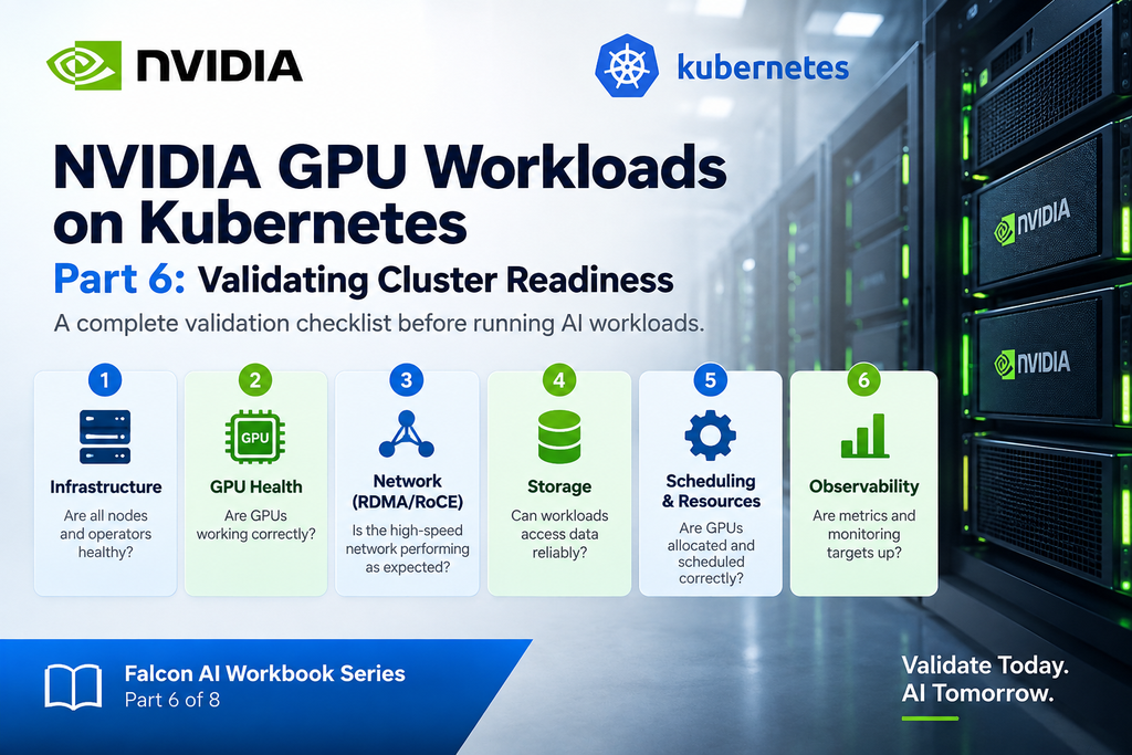 VIDIA GPU Kubernetes cluster validation checklist covering GPU health, RDMA networking, storage, scheduling and observability for AI infrastructure.