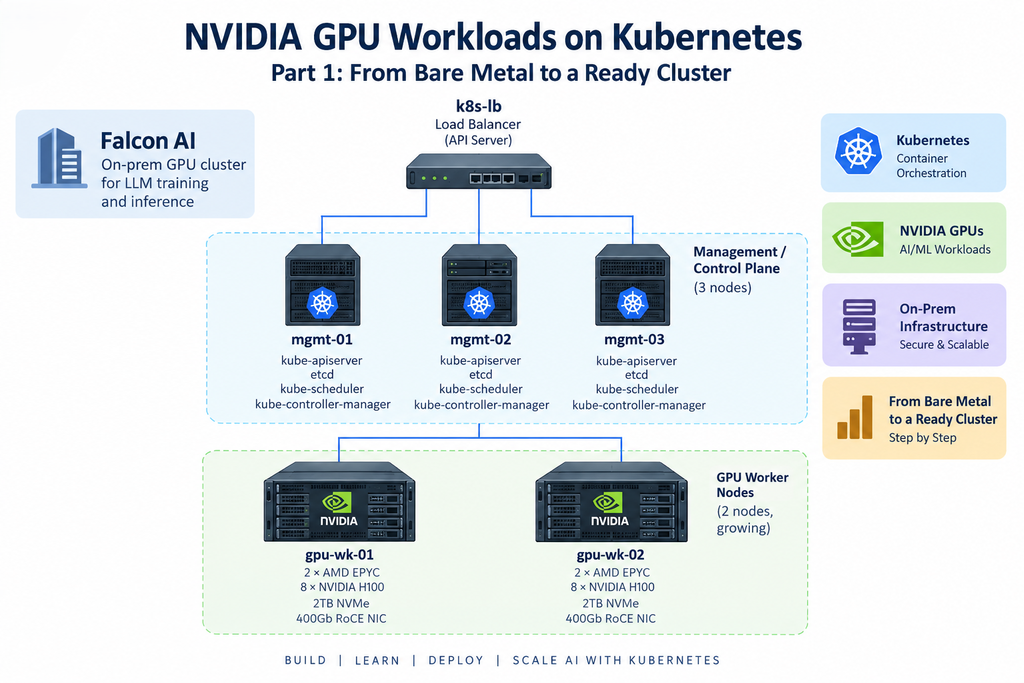 NVIDIA GPU workloads on Kubernetes architecture showing a three-node control plane and NVIDIA GPU worker nodes.