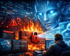 Illustration of AI-assisted firewall troubleshooting showing a holographic AI face analyzing a burning firewall while a cybersecurity professional works on multiple screens.