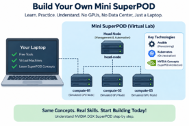 Mini NVIDIA DGX SuperPOD lab architecture with head node, simulated GPU compute nodes, Ansible and Kubernetes
