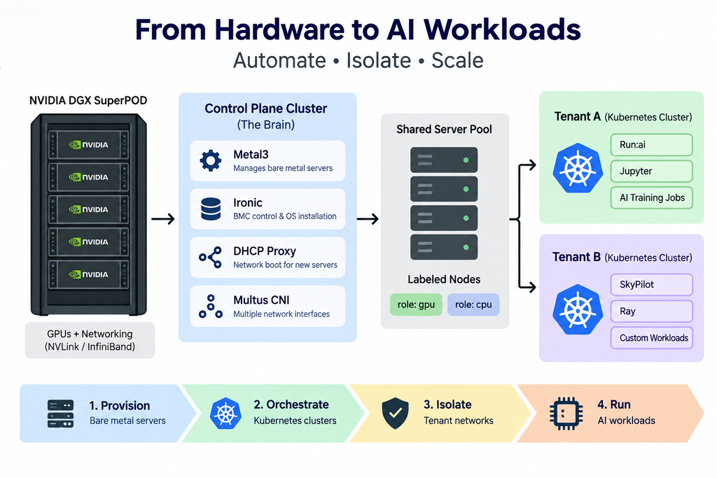 NVIDIA DGX SuperPOD bare metal GPU cloud architecture showing Metal3, Ironic, Kubernetes, shared GPU nodes, and isolated tenant clusters.