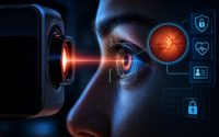 Retina scan security illustration showing biometric authentication, retinal scanning, identity verification, privacy risks, and biometric data protection.