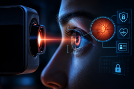 Retina scan security illustration showing biometric authentication, retinal scanning, identity verification, privacy risks, and biometric data protection.