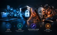 Secure data destruction and data sanitization showing Clear, Purge, Cryptographic Erase, and Destroy methods for HDDs, SSDs, and digital media.