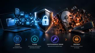 Secure data destruction and data sanitization showing Clear, Purge, Cryptographic Erase, and Destroy methods for HDDs, SSDs, and digital media.