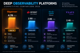 Deep observability platform comparison 2026 showing Gigamon, Keysight Ixia Vision, Cisco Nexus, and VIAVI Solutions, with weighted scores for network visibility, security, and hybrid cloud coverage.