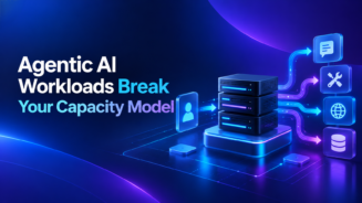 Agentic AI workloads break traditional GPU capacity models, illustrated by a server infrastructure connected to multiple AI tools and data services.