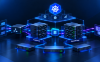 Distributed LLM inference architecture illustrating GPU networking, Kubernetes orchestration, prefill and decode GPU pools, and KV cache transfers in a dark blue data center environment.