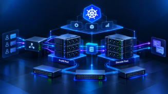 Distributed LLM inference architecture illustrating GPU networking, Kubernetes orchestration, prefill and decode GPU pools, and KV cache transfers in a dark blue data center environment.