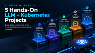 AI Infrastructure Workbook featuring five hands-on LLM and Kubernetes projects covering AI Dockerfile generation, vLLM serving, DevOps and AIOps, GPU autoscaling, and KEDA scale-to-zero inference.