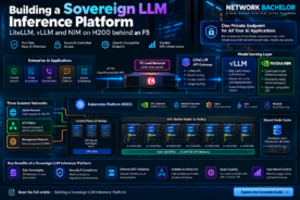 NETWORK BACHELOR sovereign LLM inference platform architecture showing LiteLLM, vLLM, NVIDIA NIM, Kubernetes RKE2, NVIDIA H200 GPUs, F5 load balancing, GPU networking and shared model infrastructure.